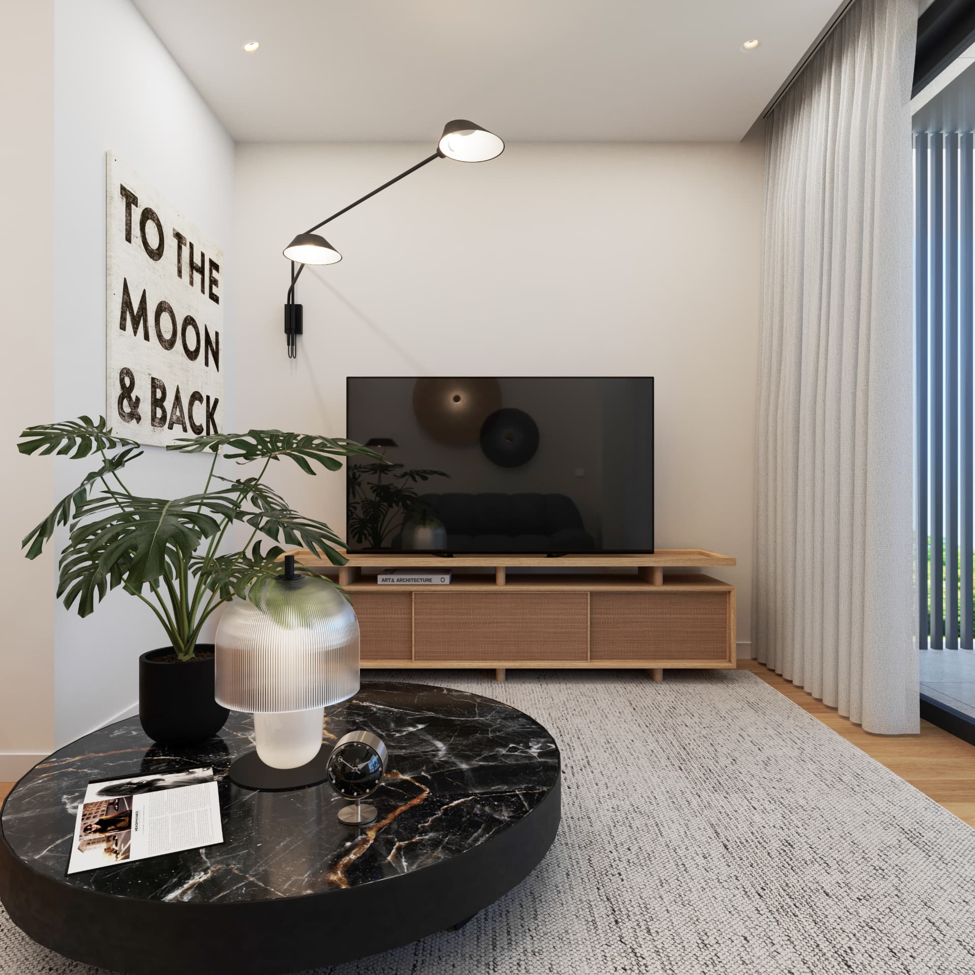 Sala com móvel de TV e mesa de centro