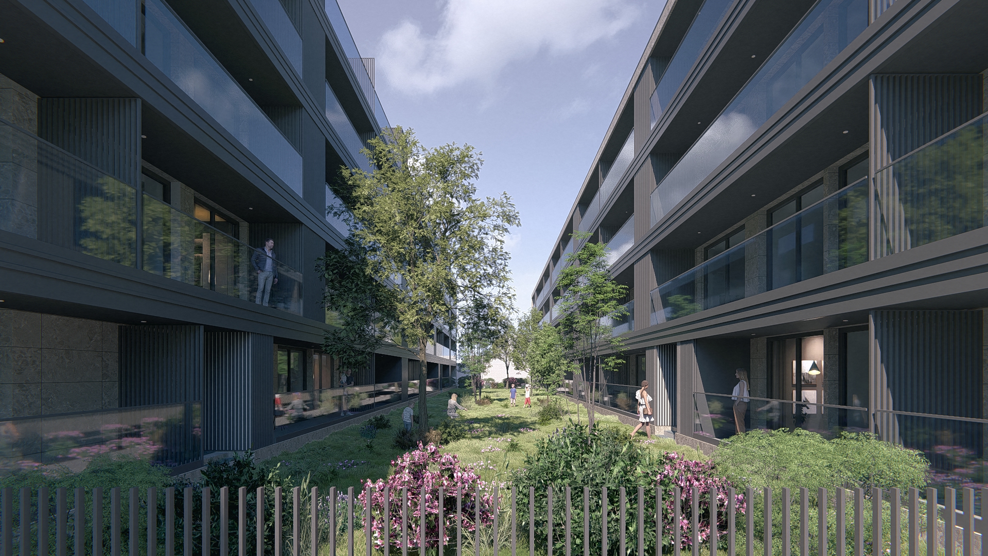 Render do espaço verde privado entre edifícios