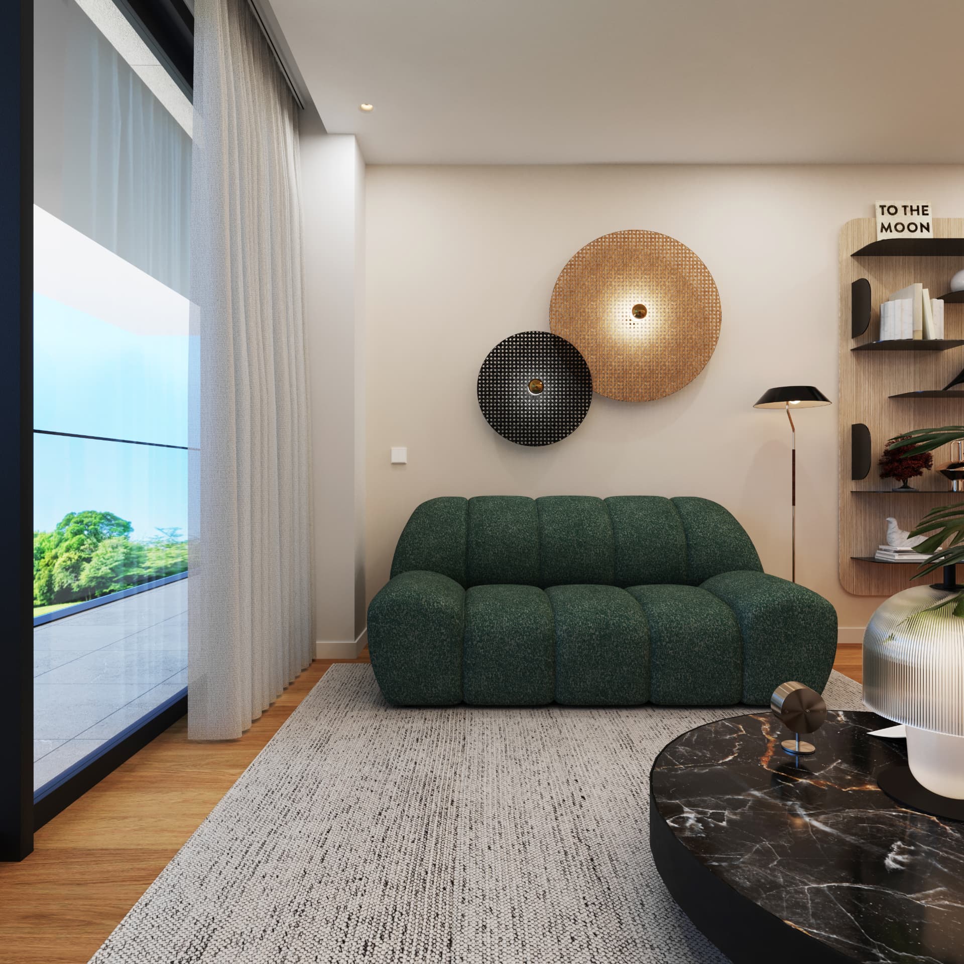 Sala com sofá verde e acesso à varanda