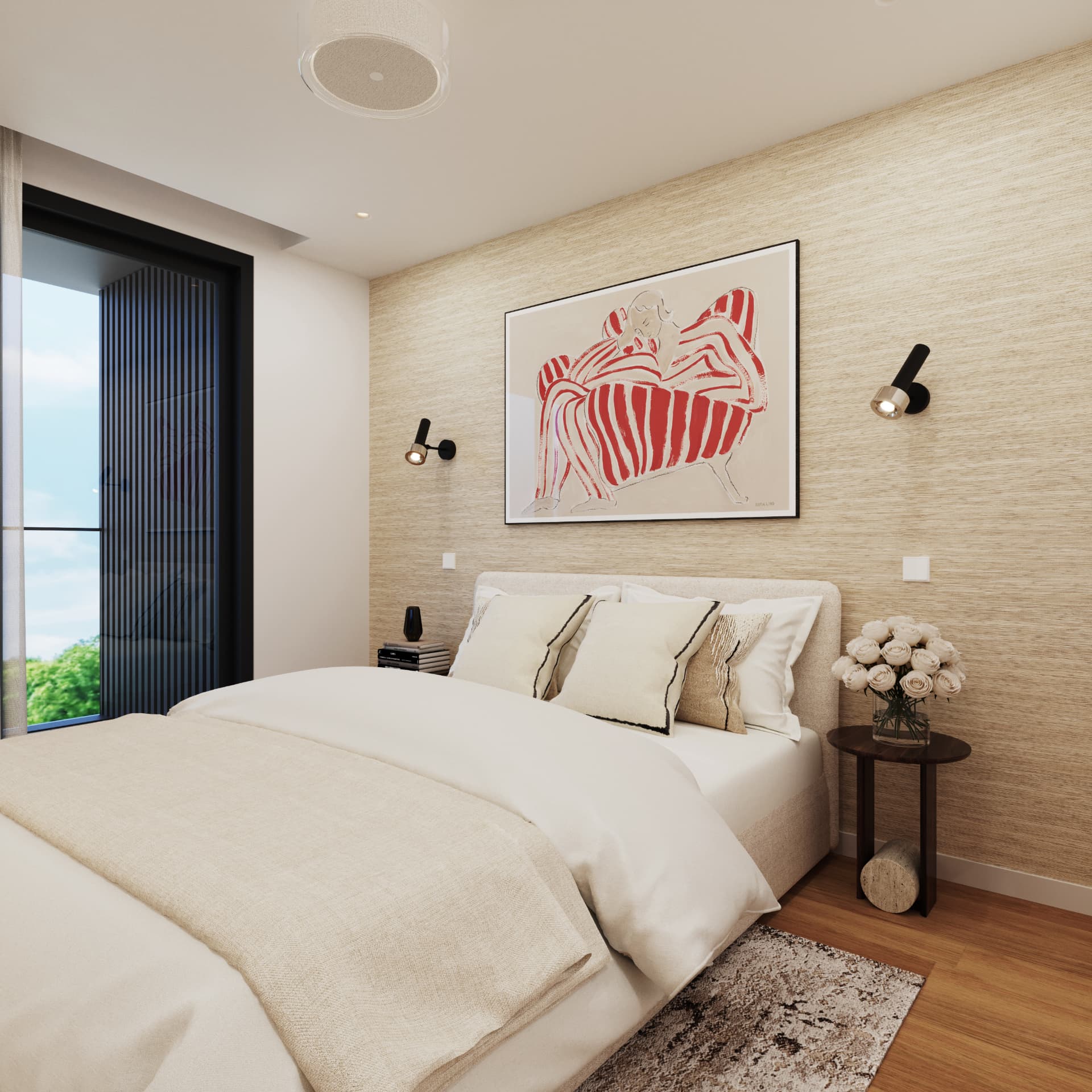 Suite com cama de casal e obra de arte
