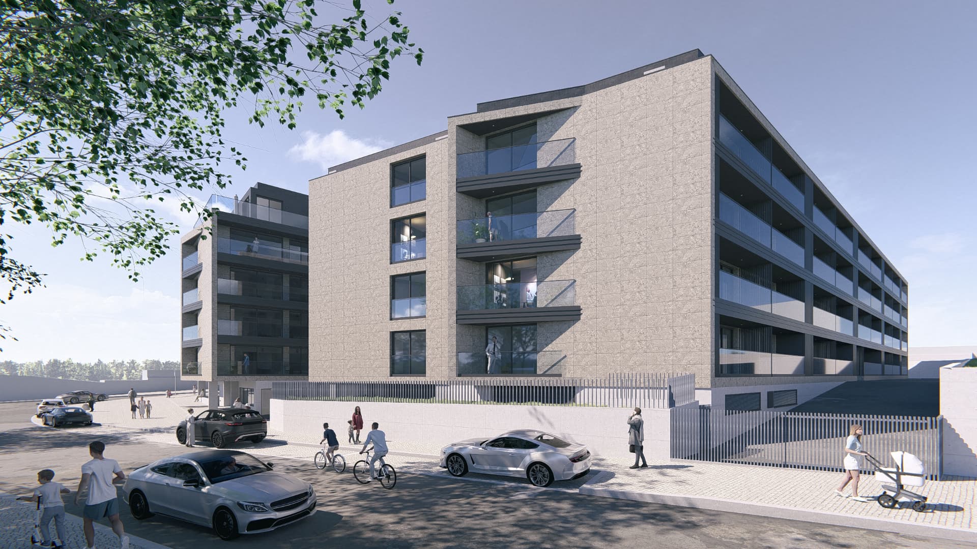 Render exterior dos dois edifícios vistos da rua