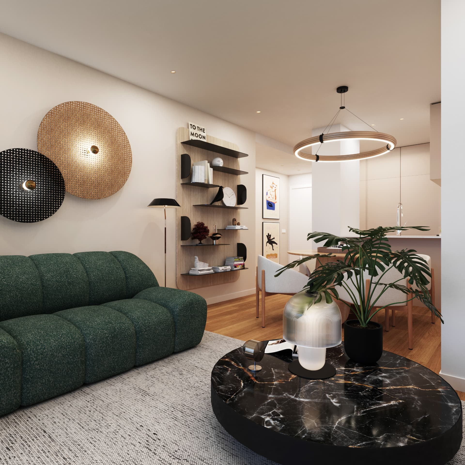 Sala de estar com sofá e iluminação decorativa