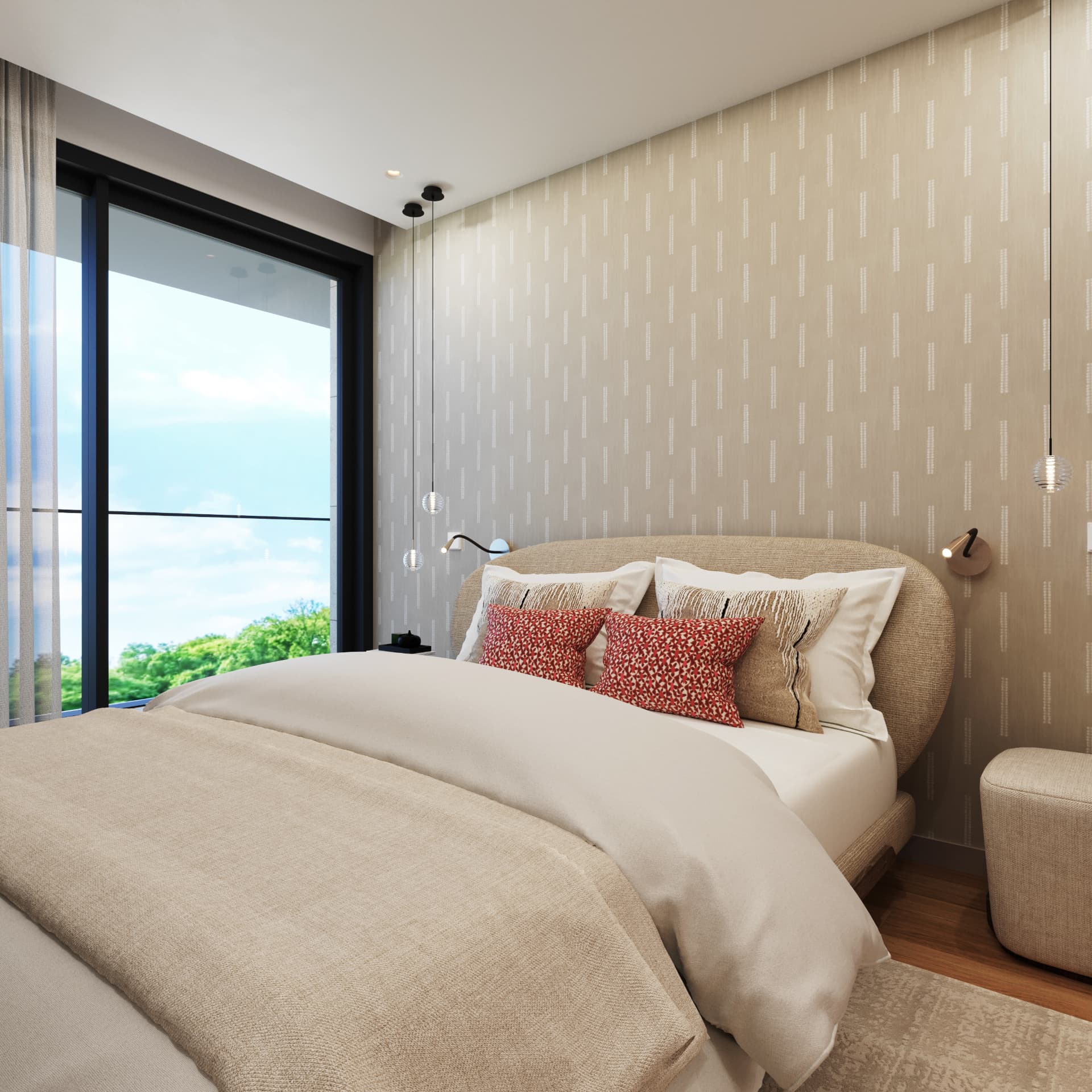 Quarto com vão envidraçado e vista exterior