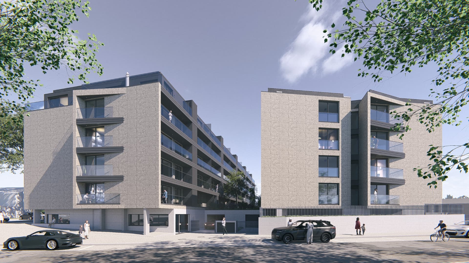 Render exterior do conjunto Bloco A e Bloco B