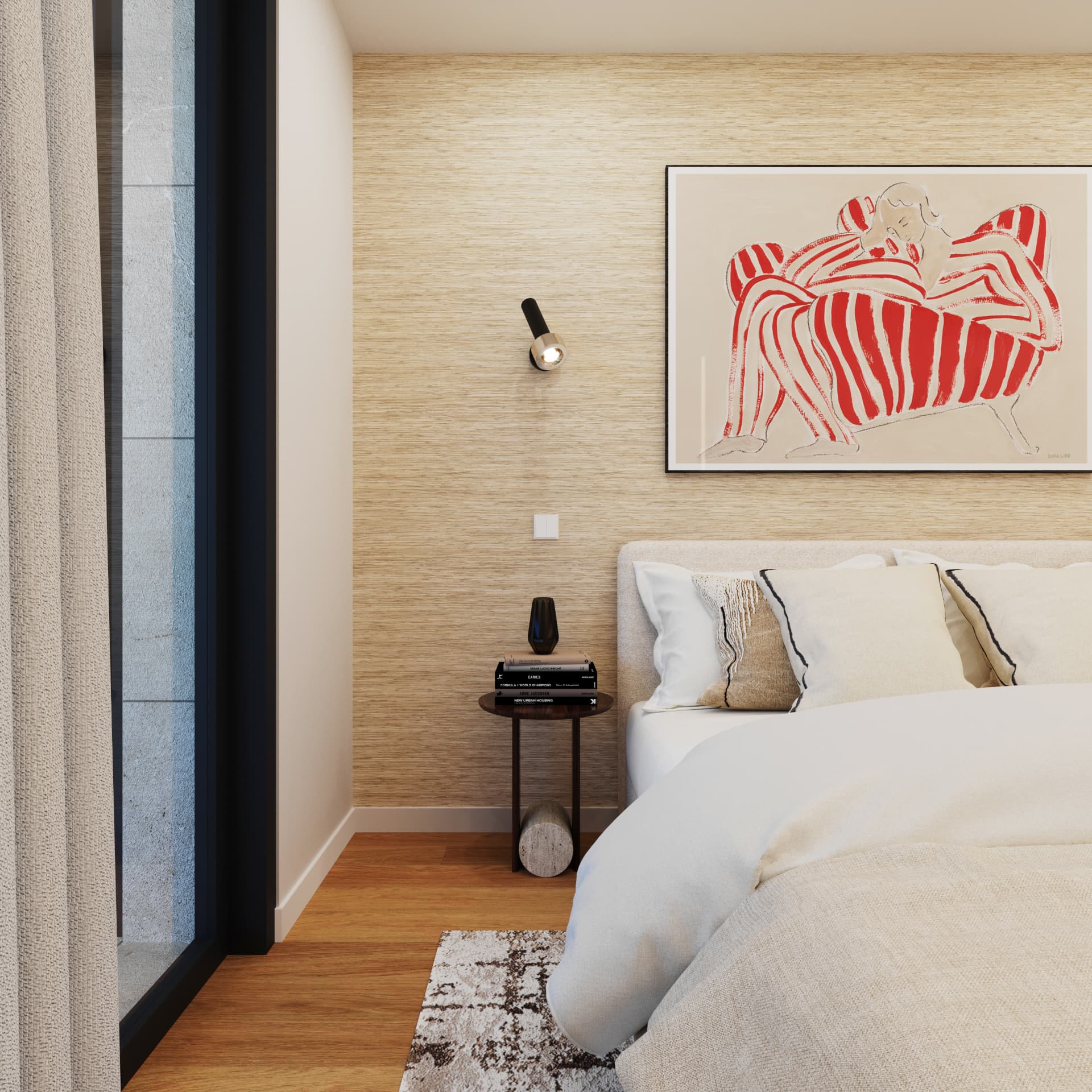 Detalhe da suite com mesa de cabeceira