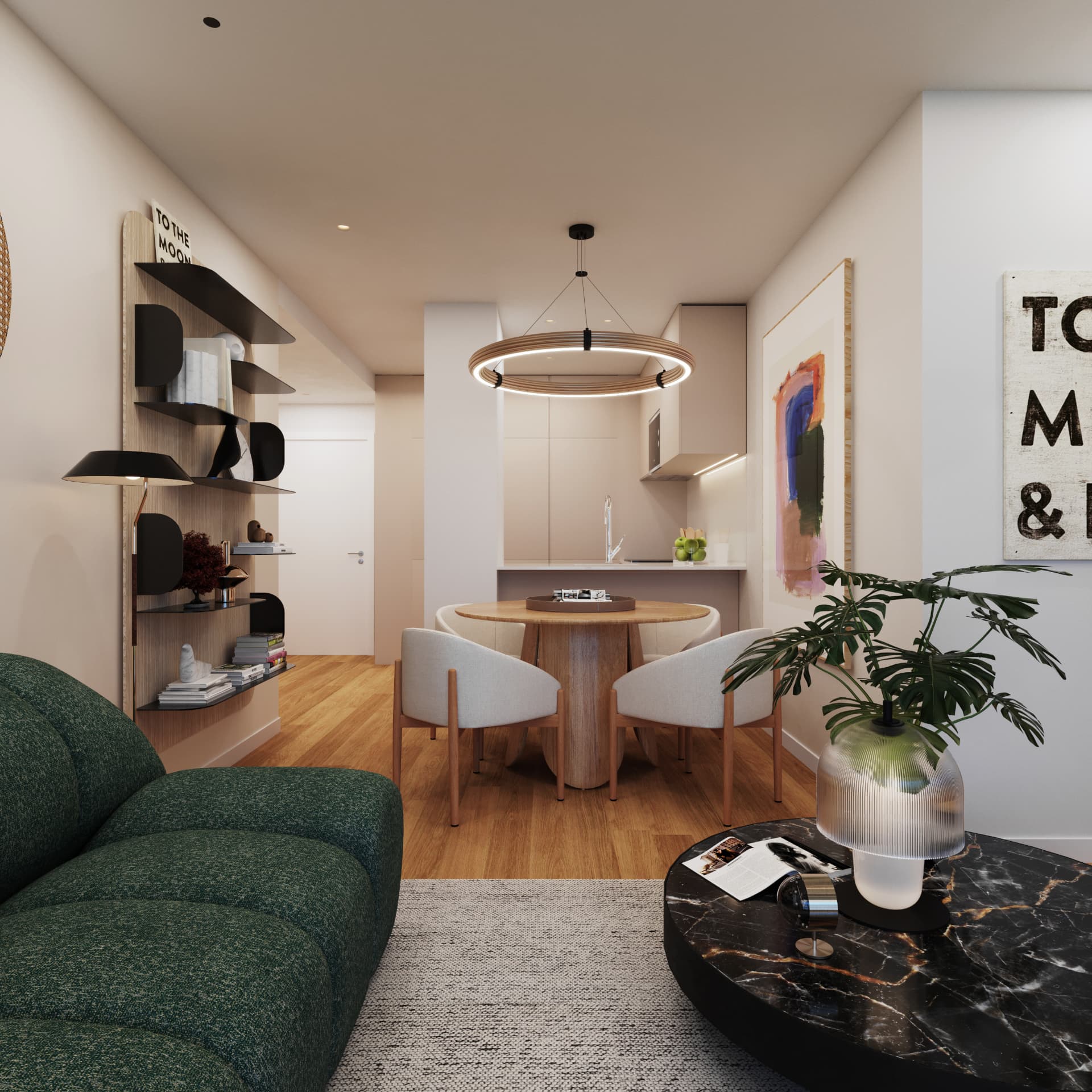 Sala com zona de refeições e cozinha aberta